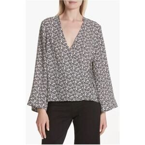A.L.C. $345 Ray Deep V Bell Sleeve Printed Silk Wrap Top Eggshell/Black Size 6
